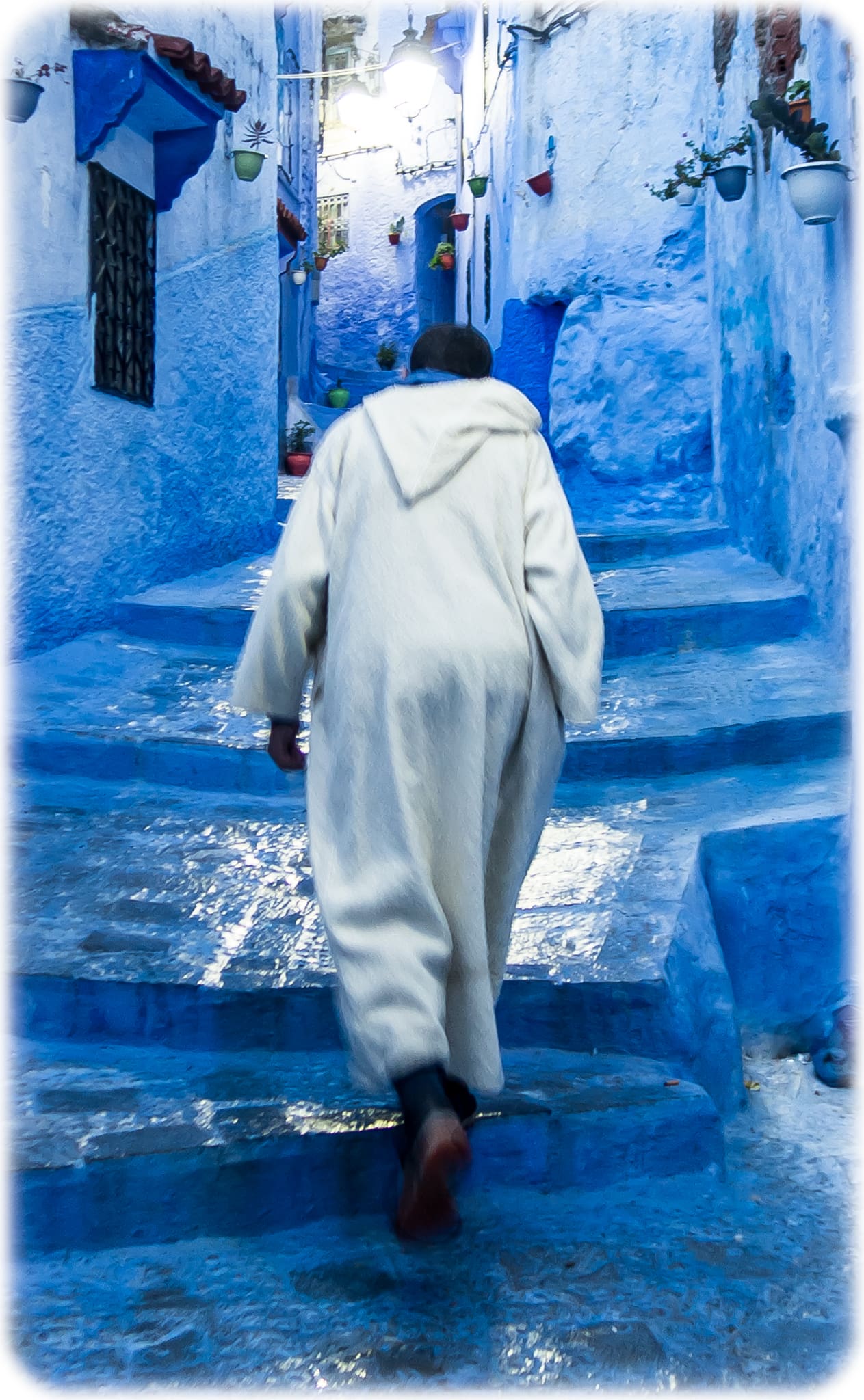 up the steps